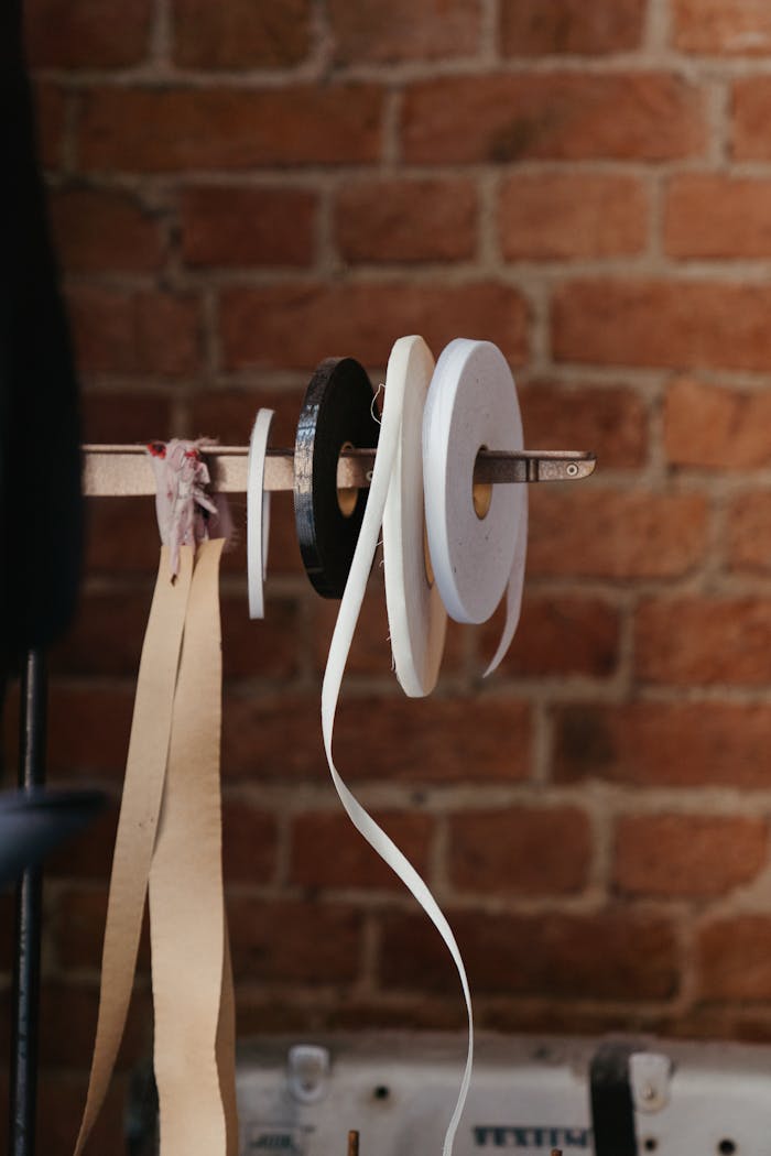 Various tapes displayed on a holder against a brick wall, ideal for craft or workshop themes.
